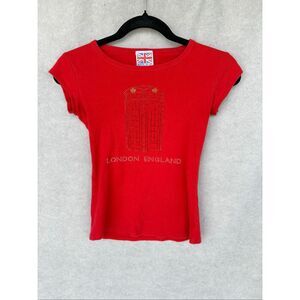 VTG Baby Tee UK London England Y2K Red Rhinestone Phonebooth S Pop Art McBling